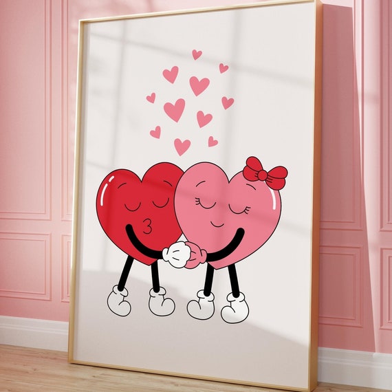 Cute Retro Hearts Print Valentines Day Poster Trendy Wall Art Love Decor Romantic