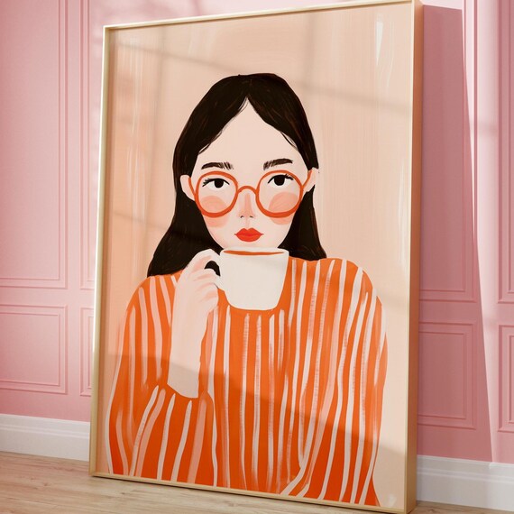 Abstract People Woman Drinking Coffee, Contemporary Art