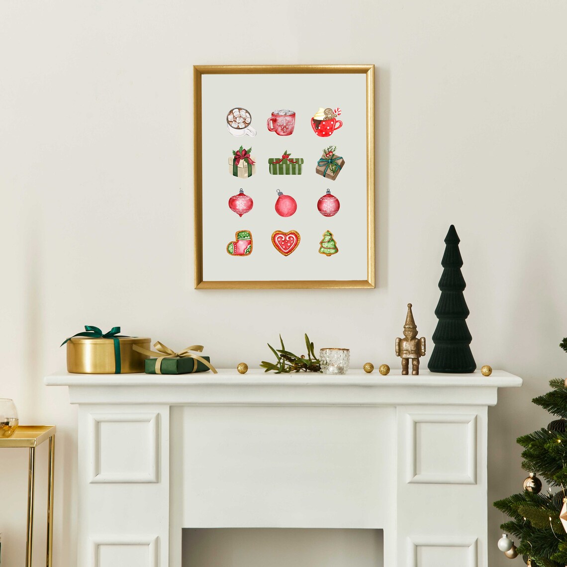 Watercolor Christmas Treats Gifts Ornaments Cookies Grid Art Poster - Image 2