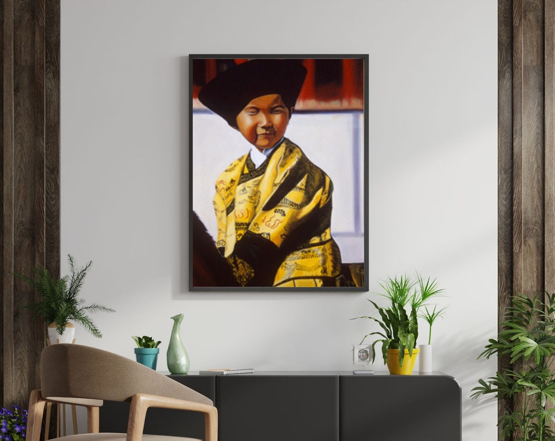 Asian Boy Traditional Golden Brocade Robe Hat Portrait Painting Poster - Image 2