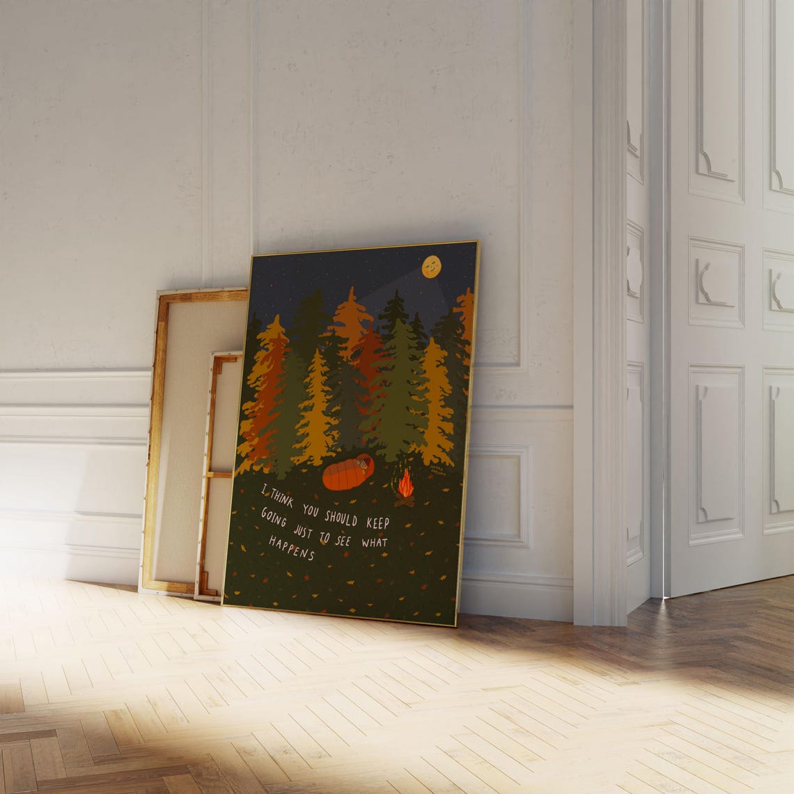 Keep Going Camping Quote Poster Cozy Forest Campfire Night Art - Image 3