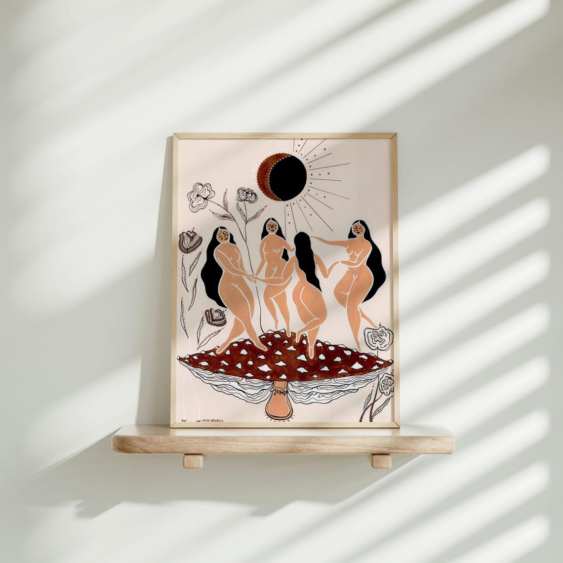 Women Dancing On Mushroom Whimsical Sisterhood Eclipse Art Poster