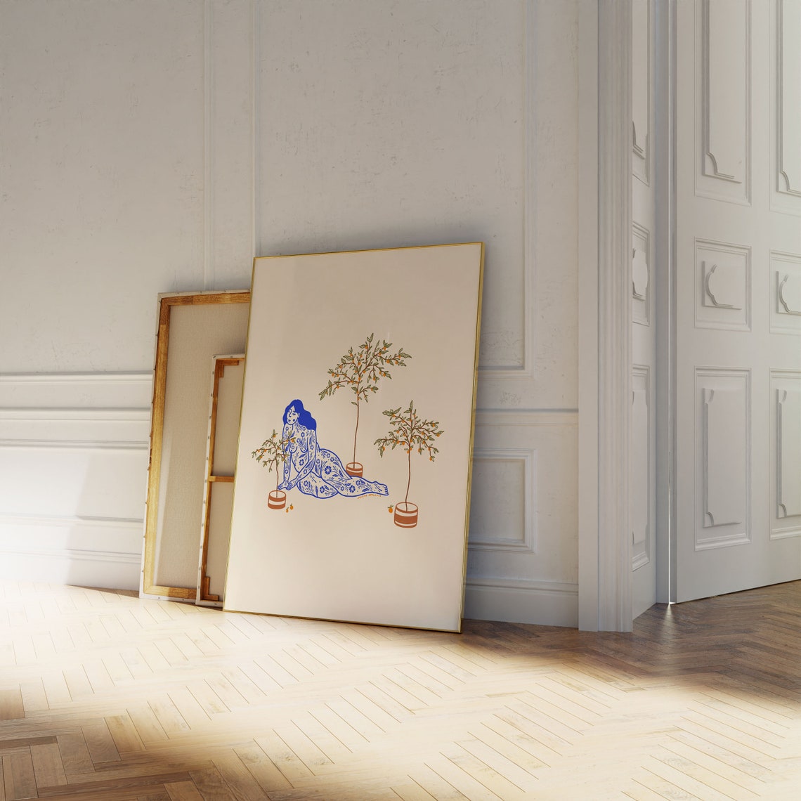 Tangerine Tree Botanical Blue Line Art Woman Illustration Poster - Image 4