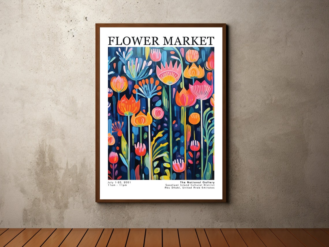 Flower Market Tall Tulip Meadow Dark Blue Floral Scene Poster
