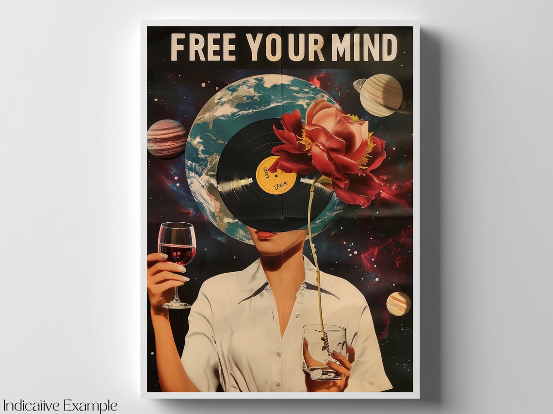 Free Your Mind Retro Vinyl Record Space Collage Wine Glass Poster - Image 4