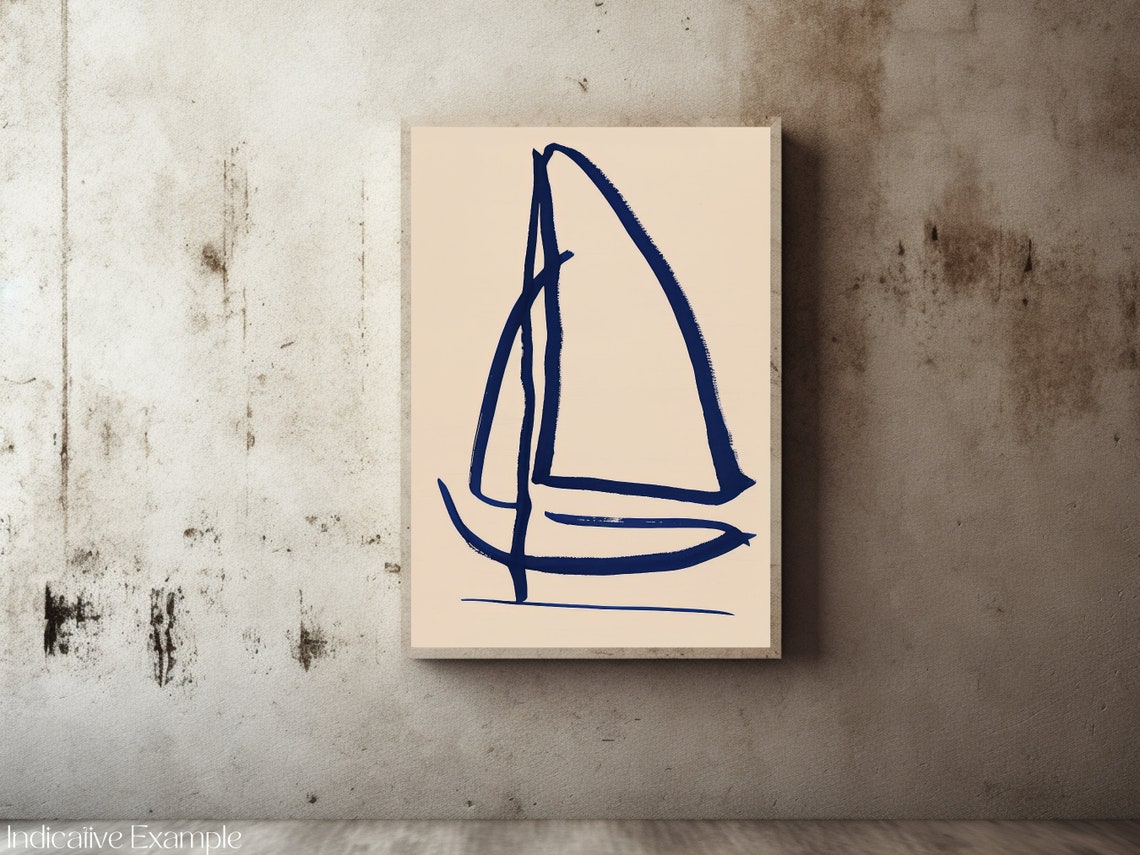 Minimalist Navy Blue Sailboat Sketch Abstract Coastal Wall Art - Image 2