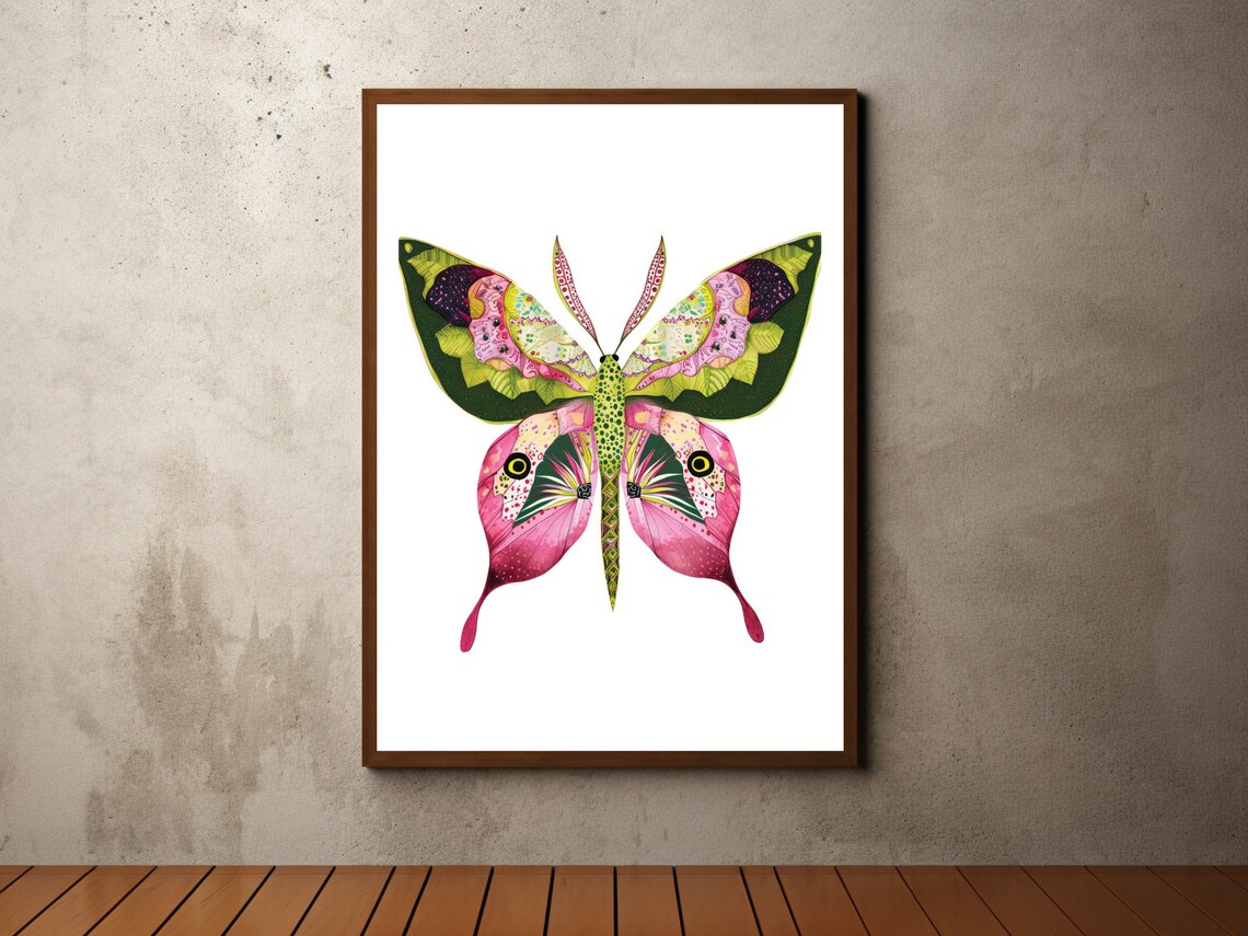 Pink Green Watercolor Butterfly Decorative Botanical Art Poster
