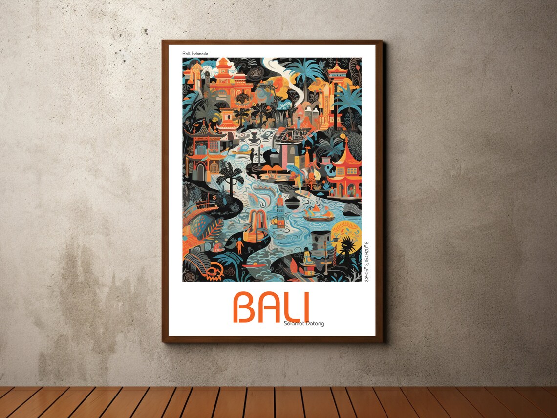 Bali Indonesia Temple Jungle Modern Illustrated Travel Poster