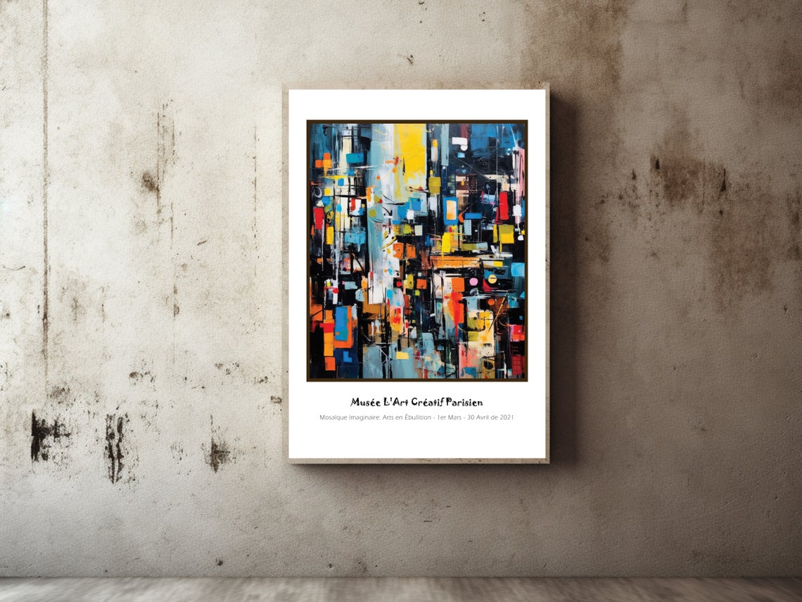 Basquiat Inspired Dark Abstract Cityscape Blue Yellow Poster - Image 2