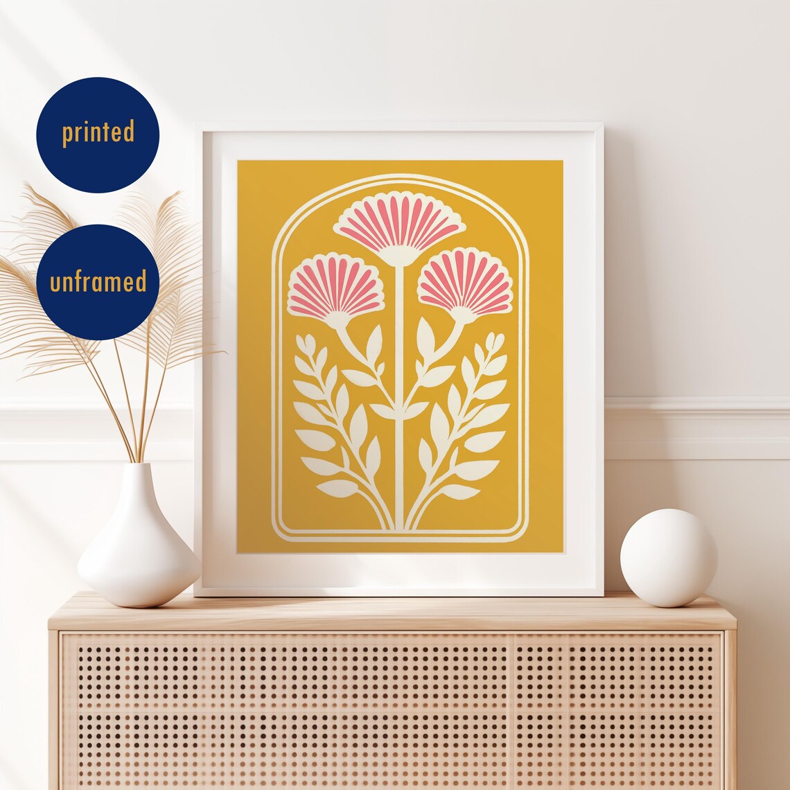 Mustard Yellow Folk Art Flowers Coral Accents Retro Bloom Poster
