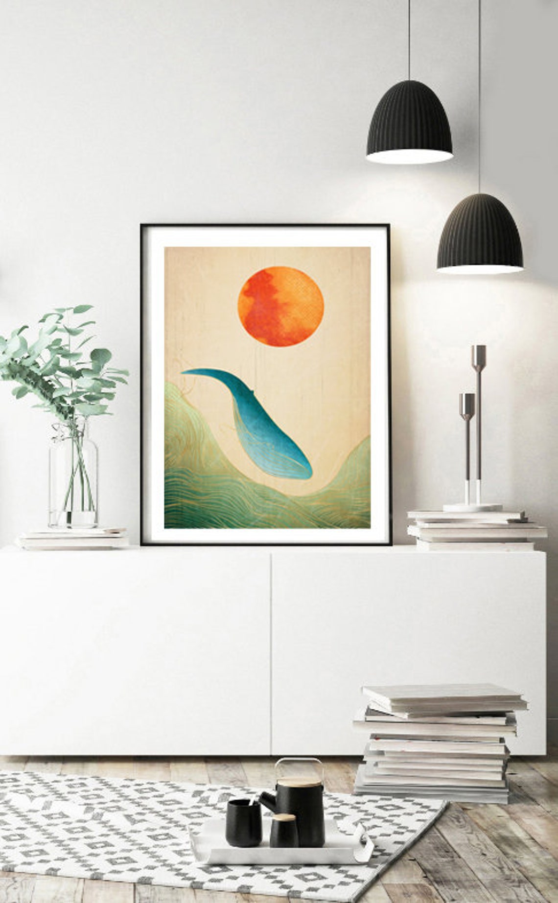 Japanese Whale Ocean Art Red Sun Golden Waves Japandi Wall Art - Image 3
