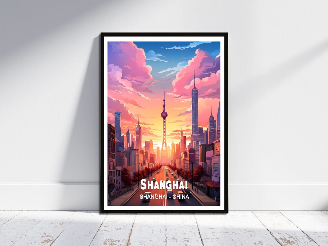 Shanghai China Sunset Skyline Oriental Pearl Tower Travel Poster