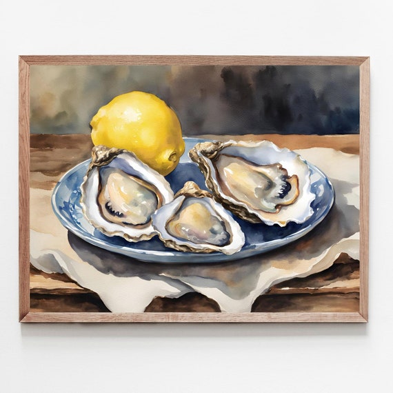Oyster And Lemon Painting Kitchen Art Print Plate Watercolor Still Life Coastal Prints Large Wall