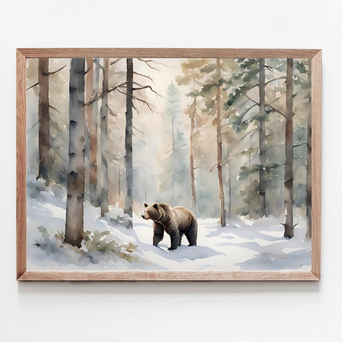 Brown Bear in Snowy Pine Forest Watercolor Woodland Wildlife Print