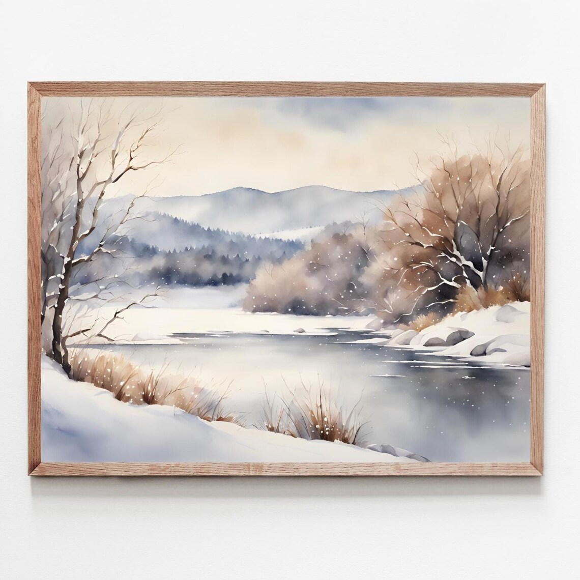 Snowy Winter Forest Lake Watercolor Poster Peaceful Snow Scene