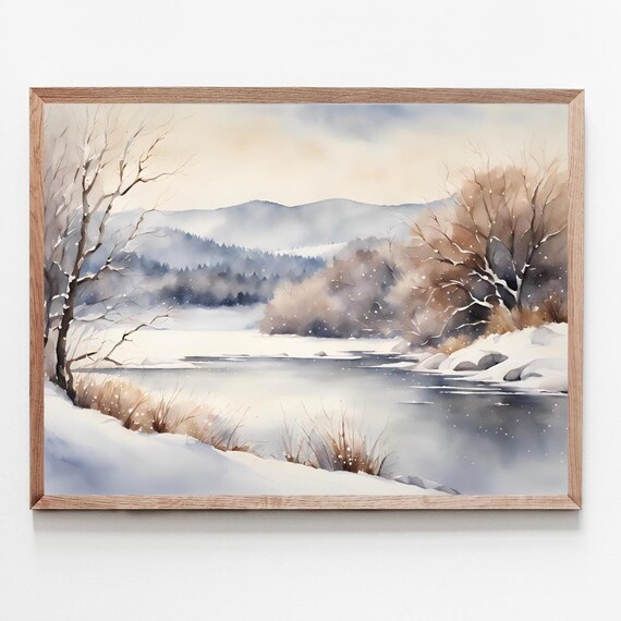 Snowy Winter Forest Lake Watercolor Poster Peaceful Snow Scene