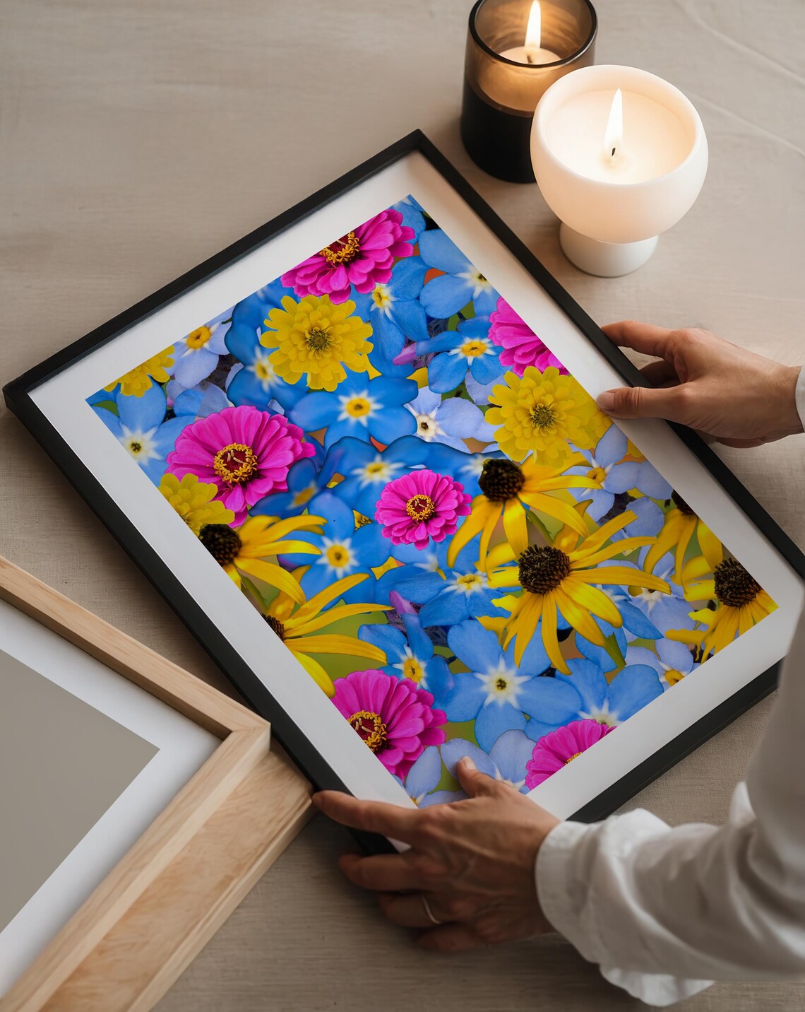 Vibrant Zinnias Blackeyed Susans Forgetmenots Wall Art Print Floral Artwork Botanical