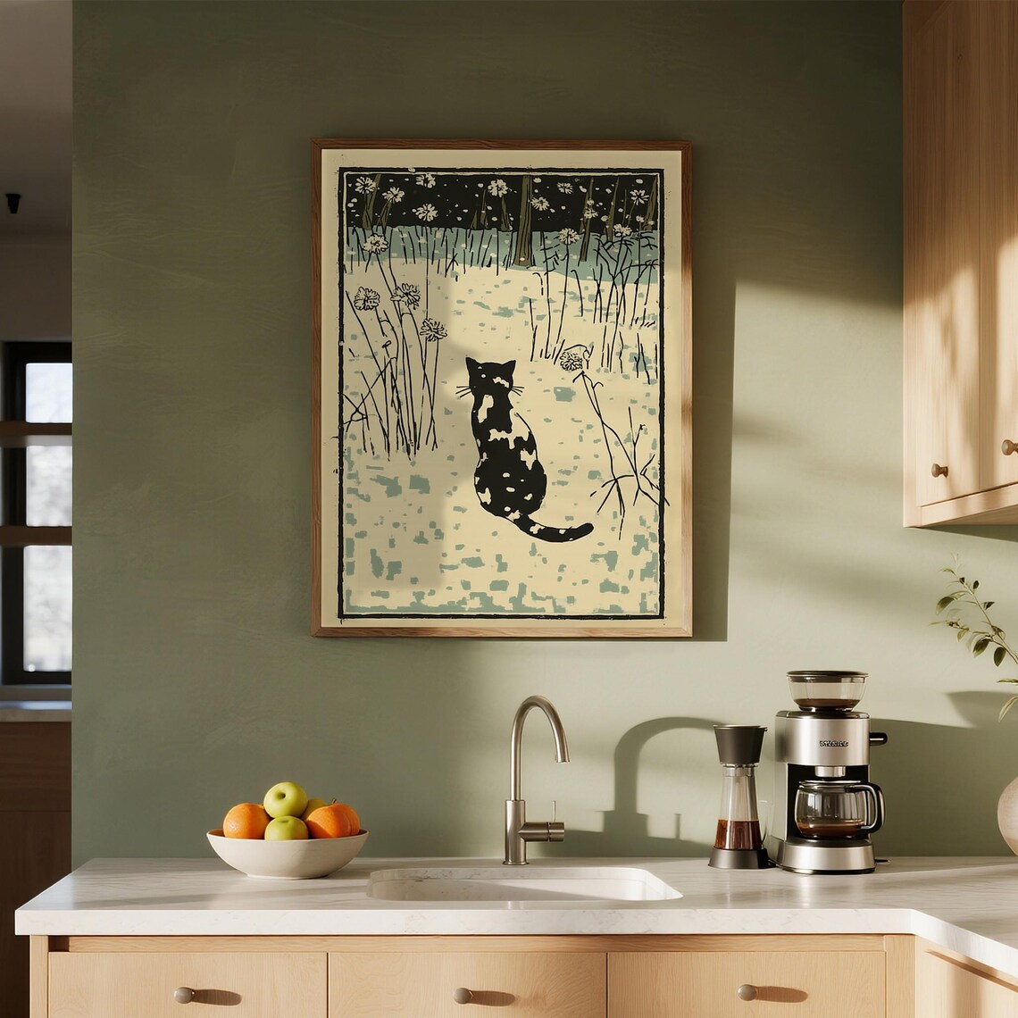 Cat Linocut Illustration Black Cat In Snowy Winter Garden Poster
