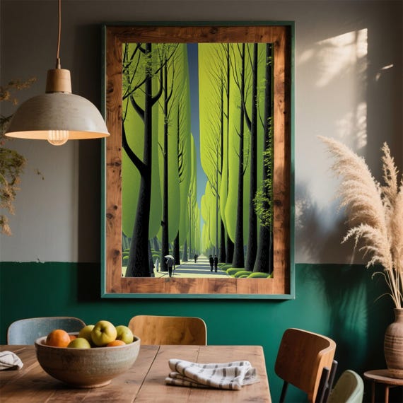 Hiroshi Nagai Style Art Print Lush Green Trees Modern Landscape Illustration Pop Minimalist Cityscape Nature Decor