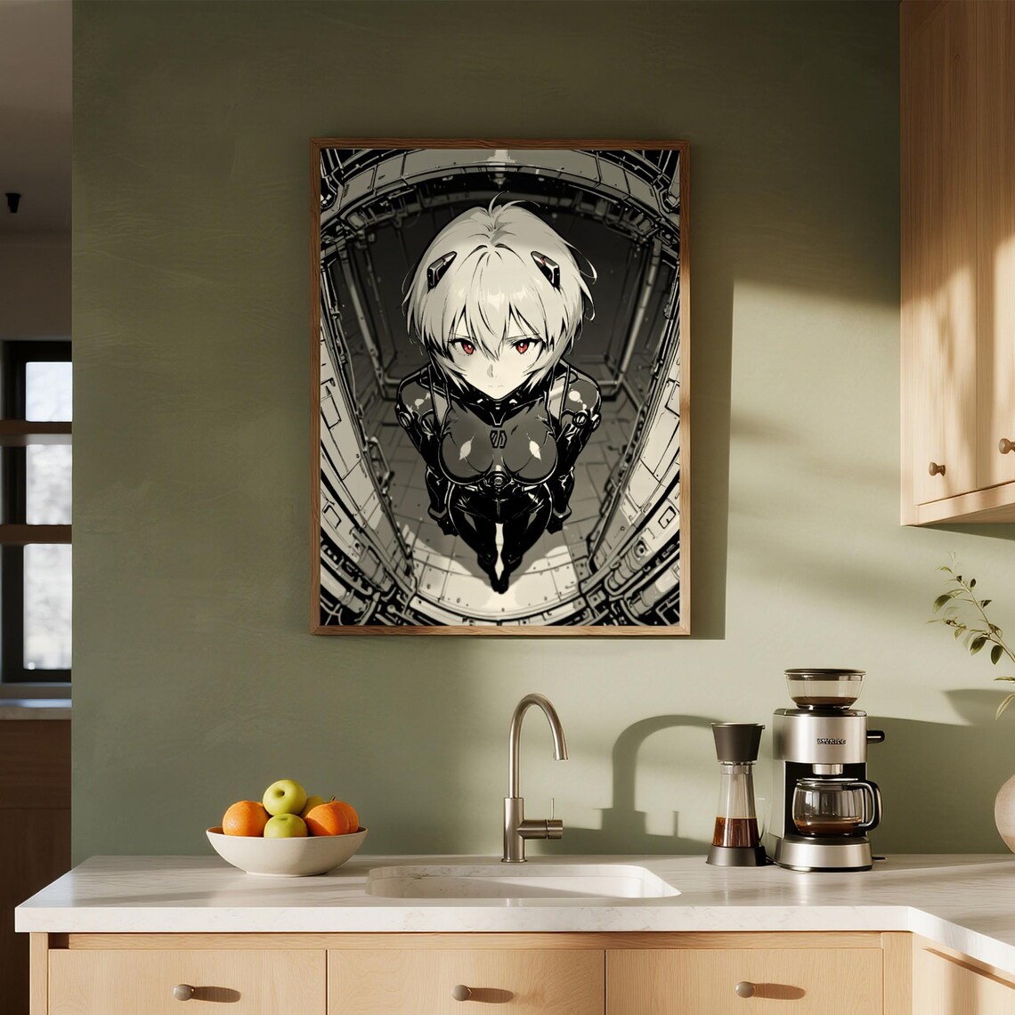 Futuristic Anime Girl Portrait Sci Fi Spaceship Monochrome Poster