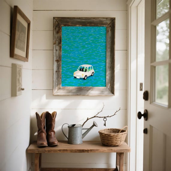Whimsical Cat Car Adventure Print Playful Nautical Scene Quirky Animal Illustration Blue Green Water Wall Art