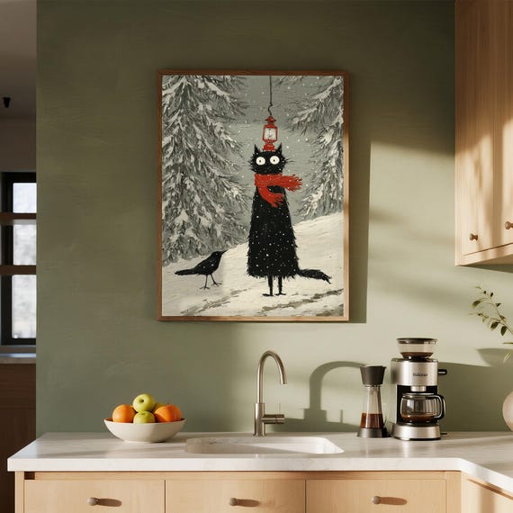 Whimsical Black Cat Snow Poster Fantasy Forest Canvas Print Framed Winter Animal Wall Decor Gothic Lantern Crow Art Gift