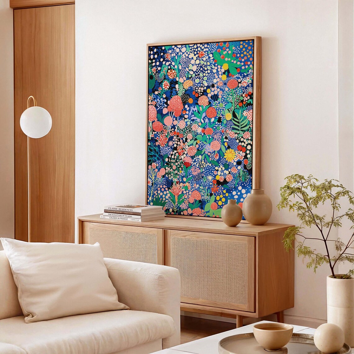 Kusama Inspired Blue Dotted Wildflower Night Garden Wall Print - Image 3