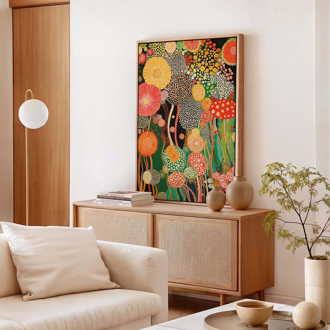 Kusama Inspired Dotted Abstract Flower Garden on Dark Green Print - Image 3