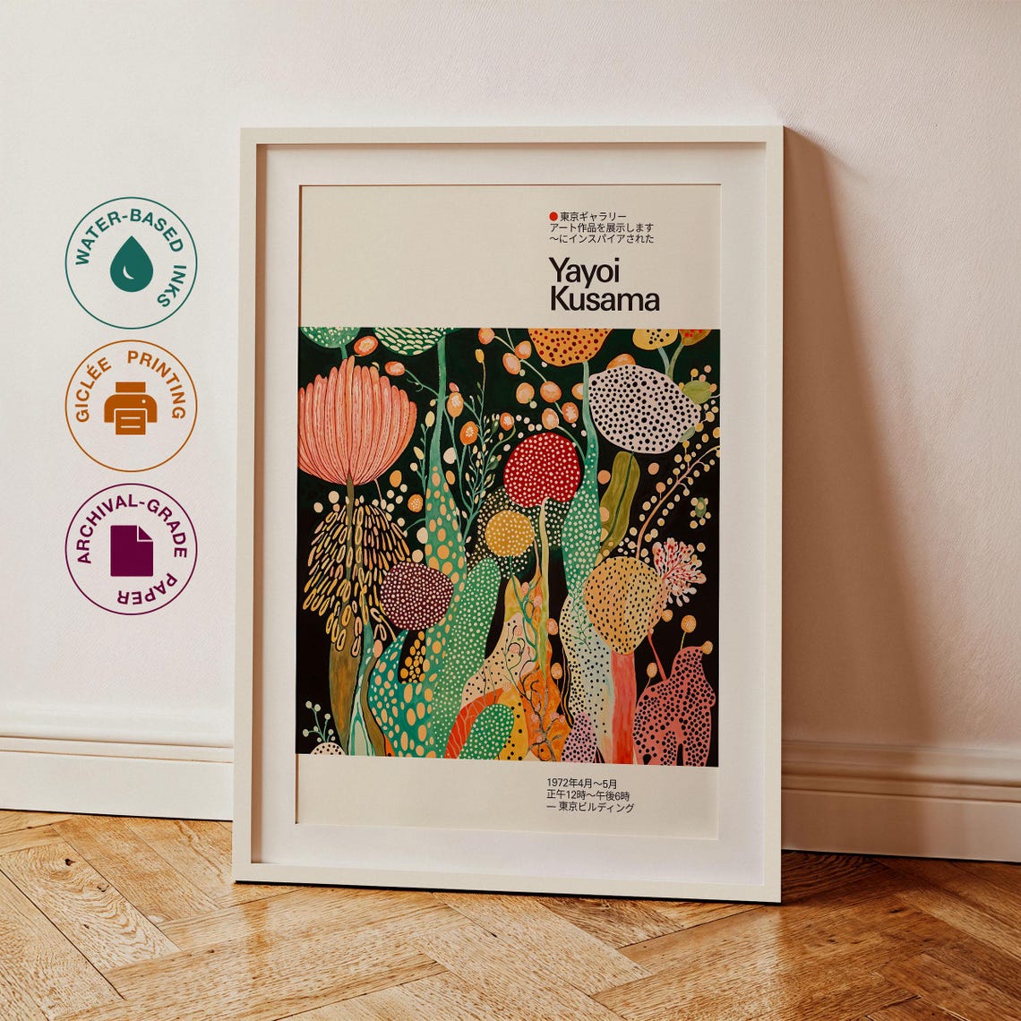 Yayoi Kusama Inspired Midnight Dotted Blossom Flower Meadow Poster - Image 3