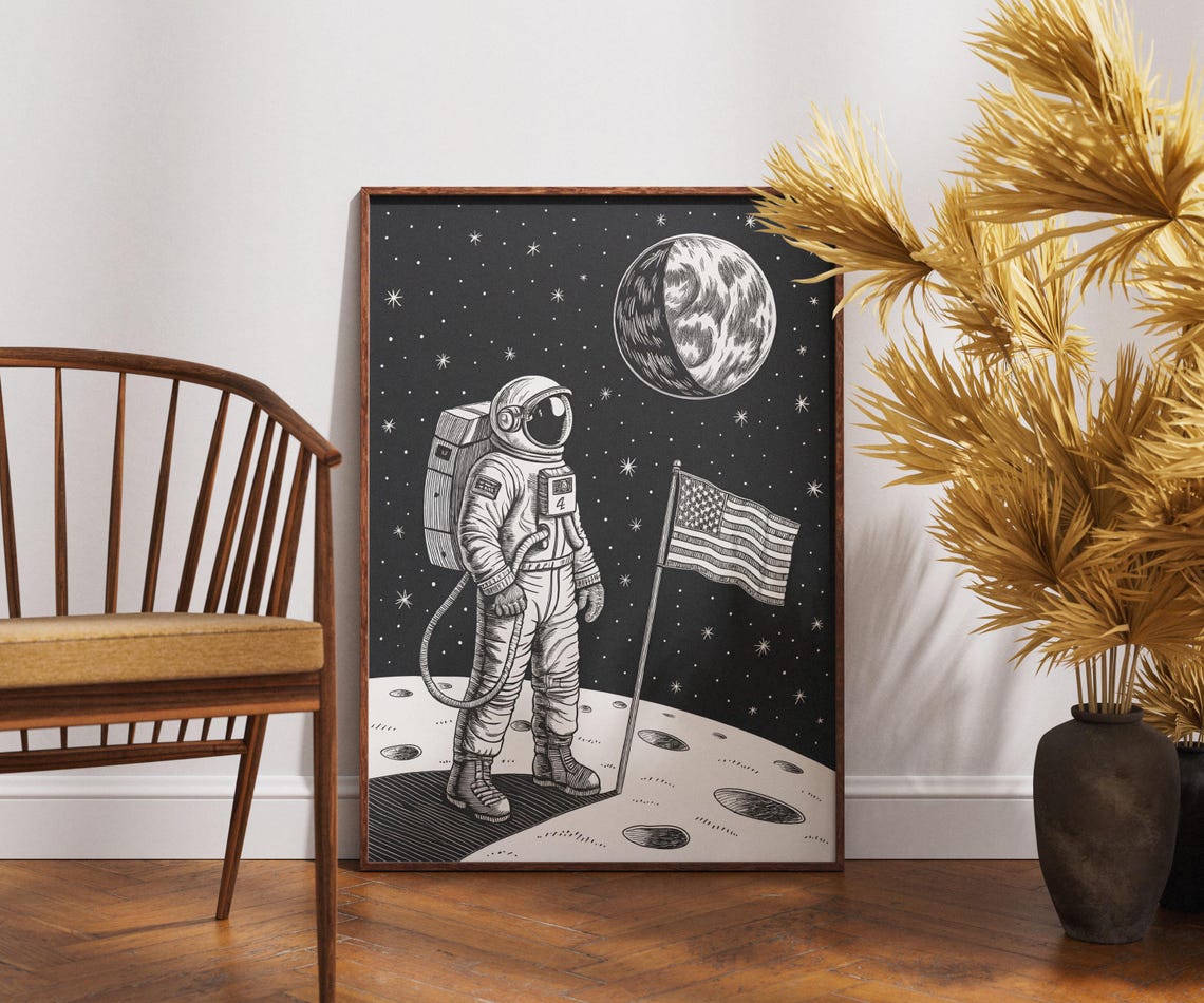 Astronaut On The Moon Print Retro Space Exploration Wall Art Black And White Lunar Landing Illustration Cosmic Poster Decor