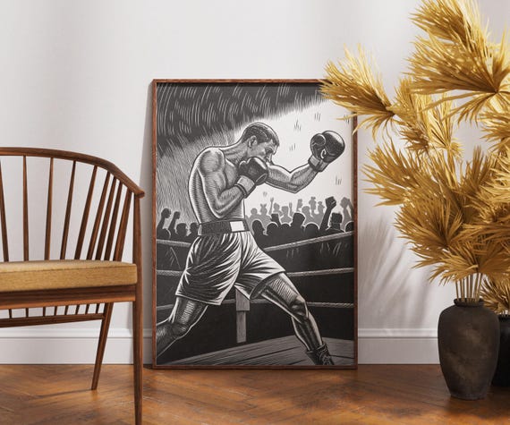 Boxing Wall Art Vintage Boxer Illustration Black And White Sports Poster Athletic Decor For Gym Retro Fighter Print Gift