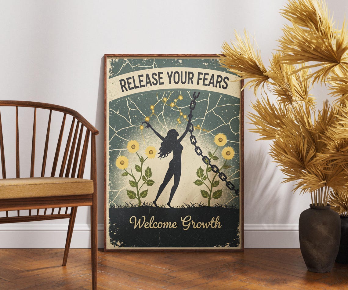 Release Your Fears Welcome Growth Sunflowers Vintage Art Poster