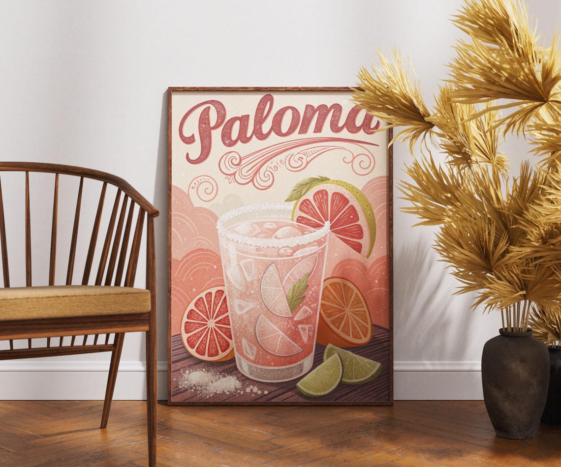 Vintage Paloma Cocktail Poster Pink Grapefruit Citrus Retro Bar Art