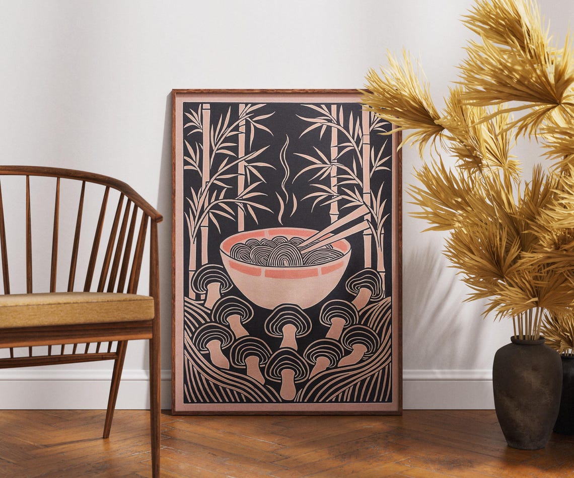 Vintage Ramen Poster Linocut Bamboo Feast Art Retro Japanese Food Print Boho Kitchen Wall Decor Noodle Bowl Illustration Unique Gift