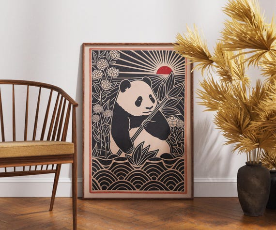 Vintage Panda Poster Linocut Chrysanthemum Art Retro Animal Wall Decor Boho Nature Illustration Floral Wildlife Print Unique Gift
