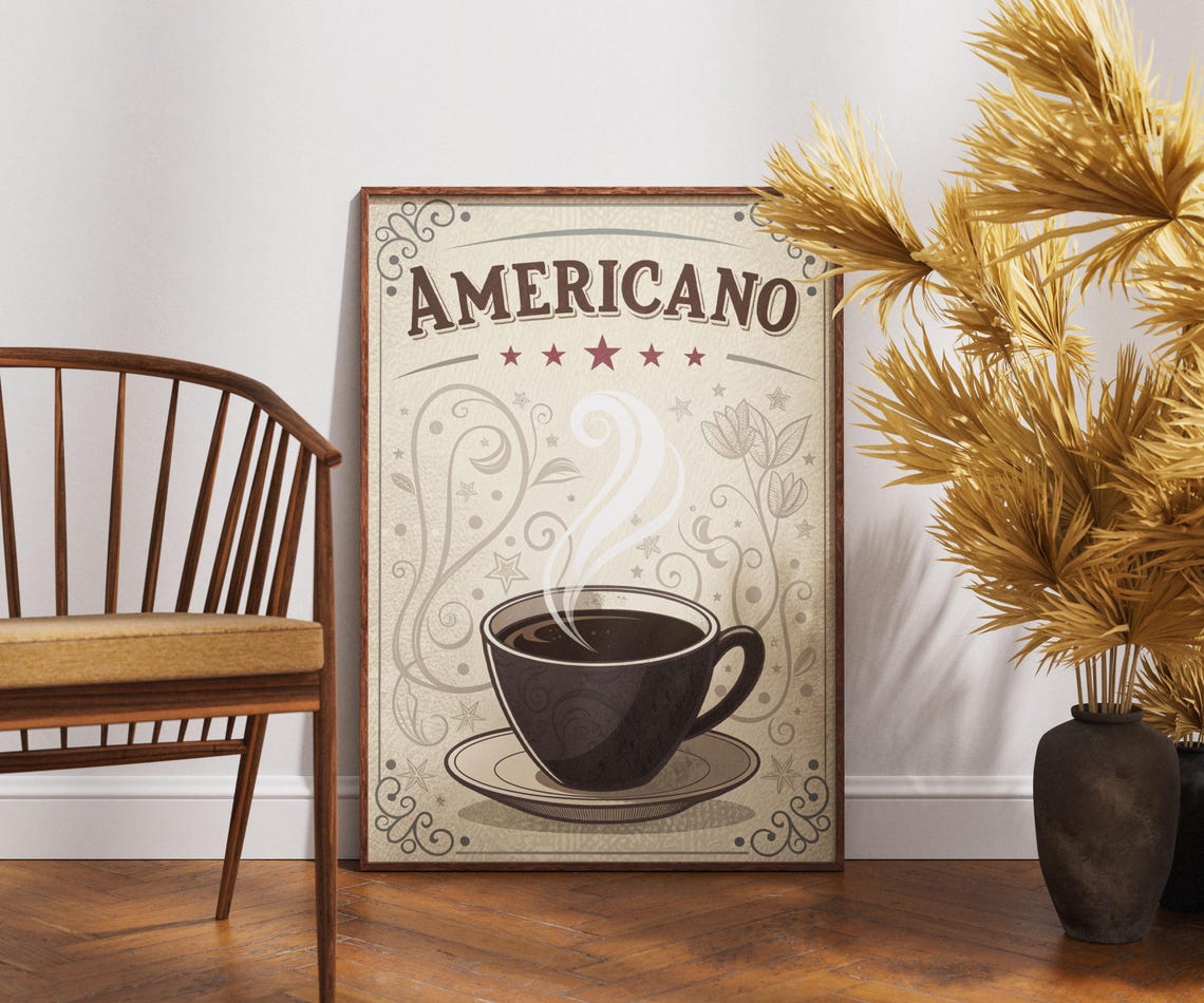 Vintage Americano Coffee Poster Black Cup Retro Cafe Kitchen Decor