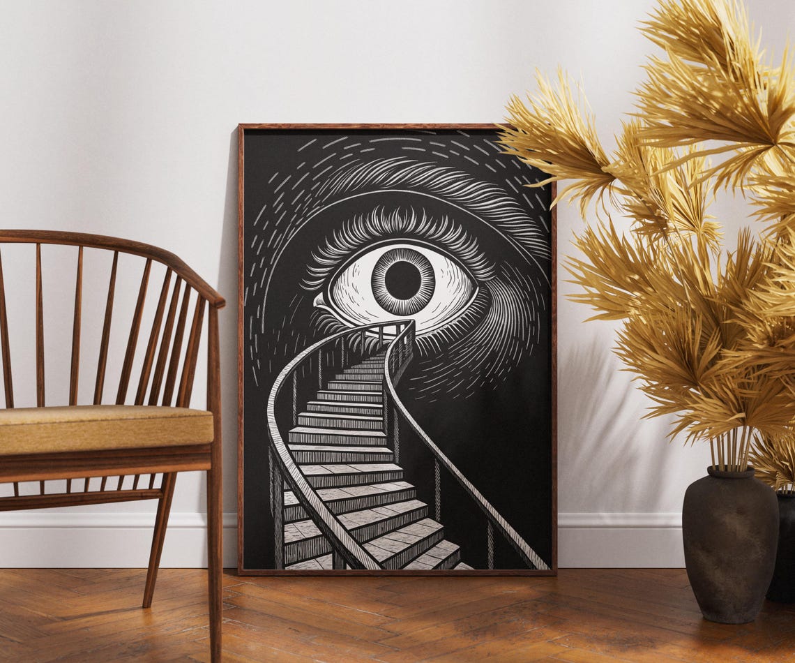 Surreal Eye Staircase Art Print Black And White Optical Dream Poster Symbolic Vision Wall Decor Subconscious Stairway Illustration