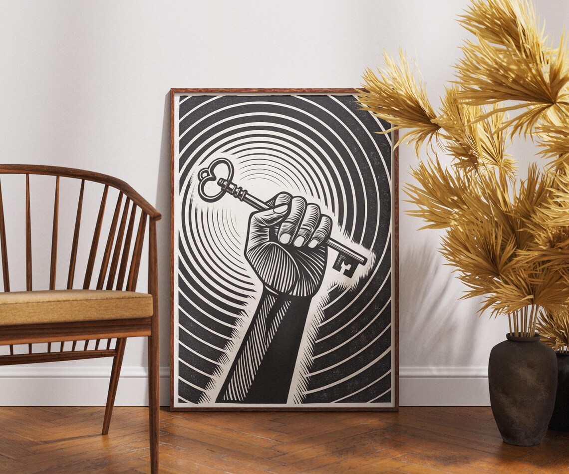 Hand Gripping Vintage Key Black And White Symbolic Woodcut Art Poster