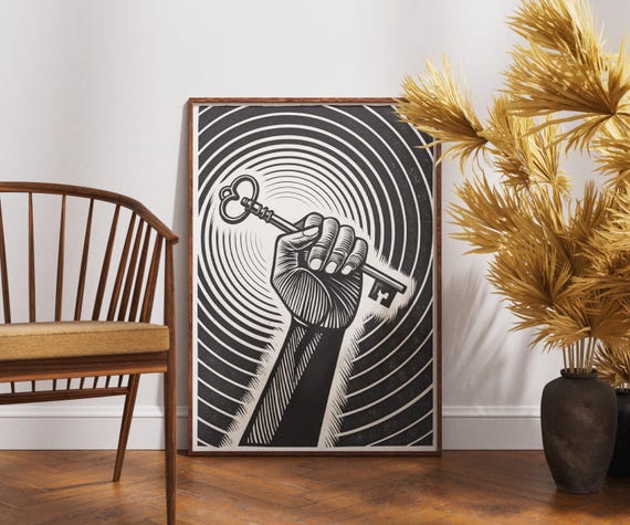 Key To Power Art Print Black And White Symbolic Hand Poster Empowerment Wall Decor Vintage Illustration With Radiating Lines