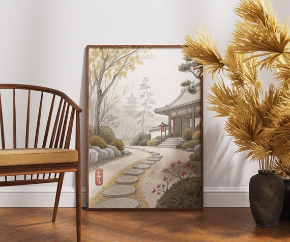 Japanese Temple Garden Serene Pagoda Stone Path Landscape Poster