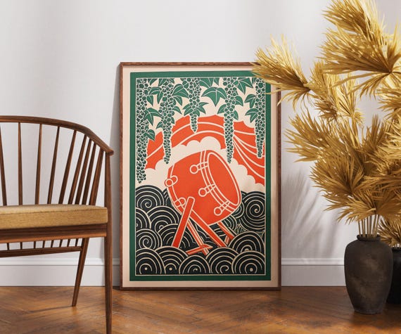 Vintage Taiko Drum Poster Linocut Wisteria Echo Art Retro Japanese Wall Decor Boho Musical Print Traditional Culture Illustration