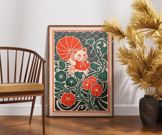Kimono Kitten Linocut Poster Vintage Japanese Morning Glory Blossom Art