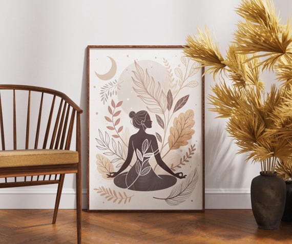 Boho Meditation Wall Art Neutral Tones Spiritual Print Feminine Yoga Poster Botanical Zen Artwork Mindfulness Decor