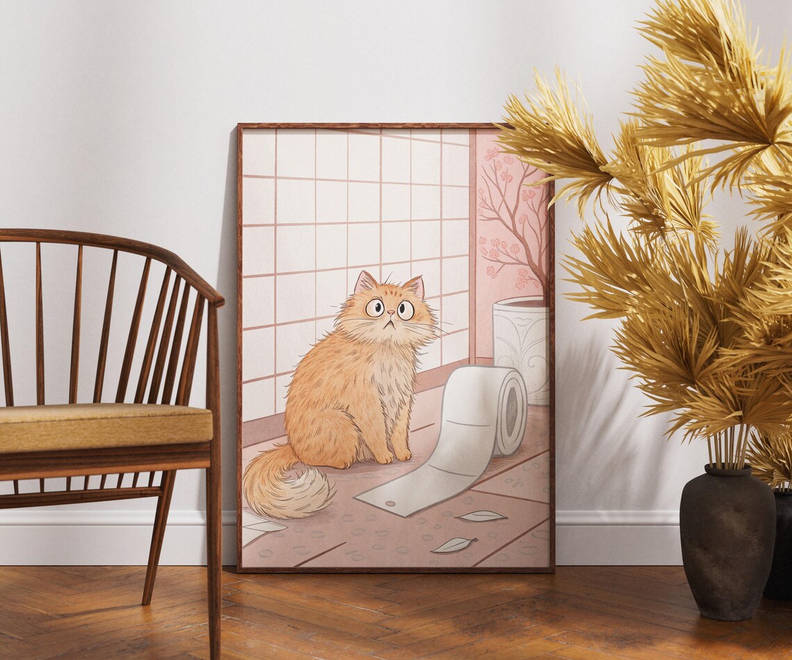 Ginger Cat Toilet Paper Mishap Funny Japanese Bathroom Art Poster
