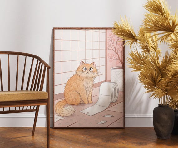 Ginger Cat Toilet Paper Mishap Art Funny Japanese Bathroom Decor Kawaii Japandi Print Minimalist Cute Wall Poster