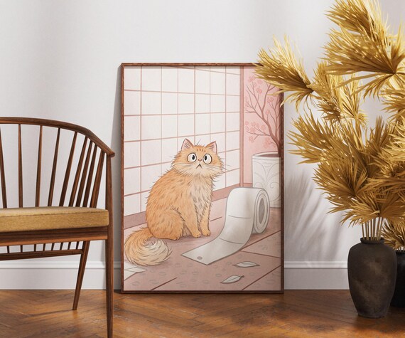 Ginger Cat Toilet Paper Mishap Funny Japanese Bathroom Art Poster