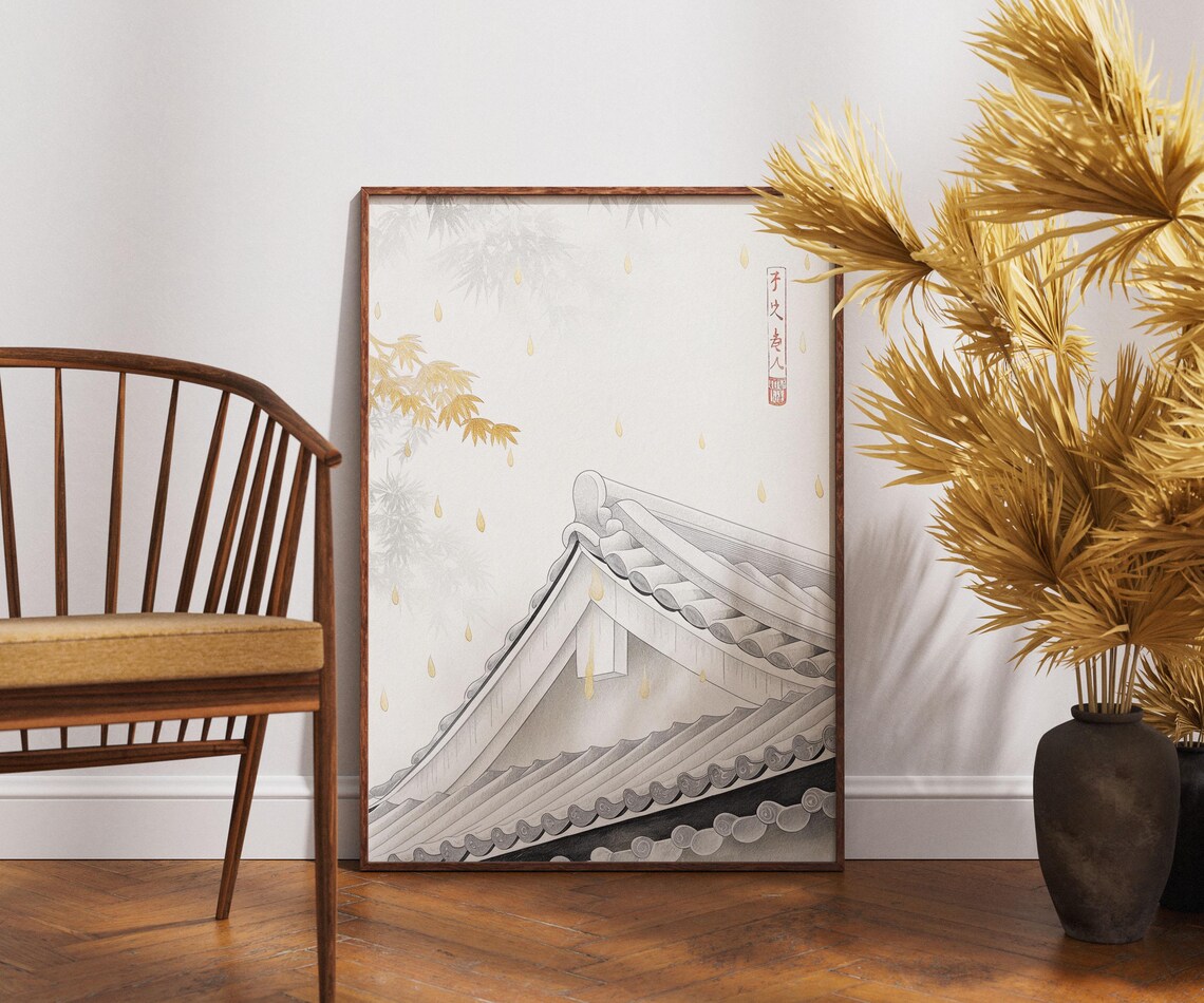 Japanese Roof Golden Rain Minimalist Kintsugi Style Art Poster