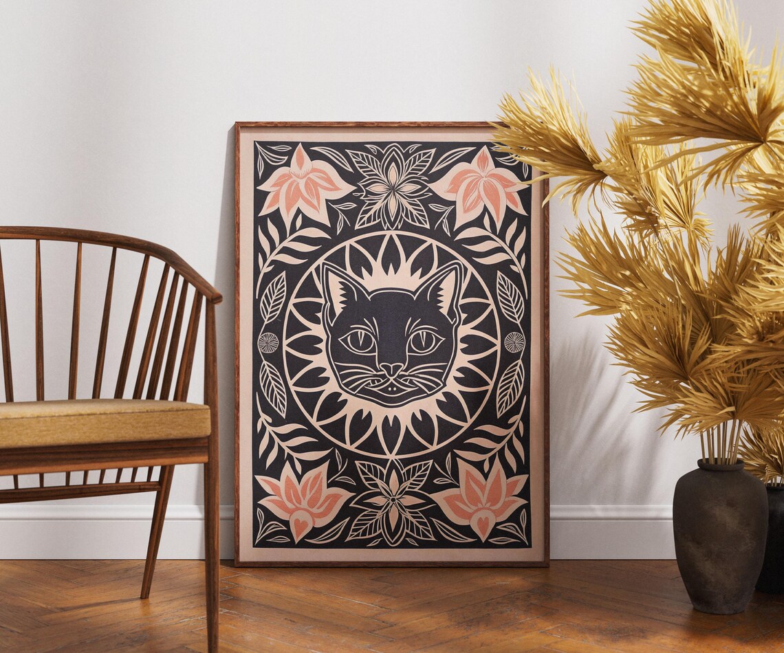 Floral Cat Emblem Linocut Poster Boho Botanical Vintage Black Art