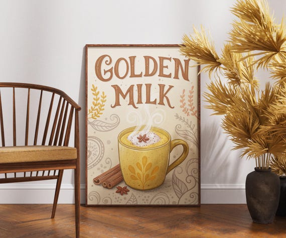 Vintage Golden Milk Poster Retro Kitchen Wall Art Ayurvedic Drink Print Rustic Wellness Decor Turmeric Latte Artwork Beverage