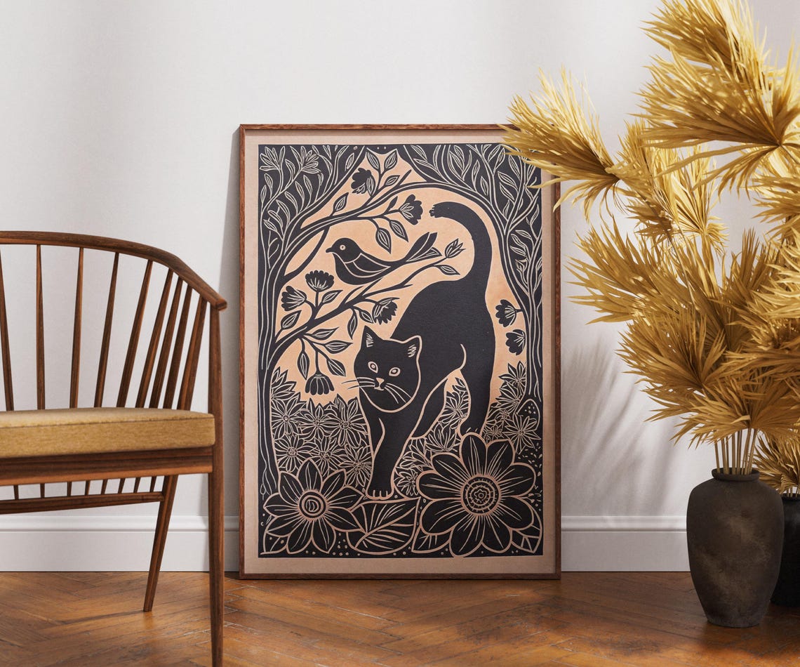 Vintage Black Cat Poster Linocut Flower Art Retro Wall Decor Floral Illustration Boho Print Unique Gift